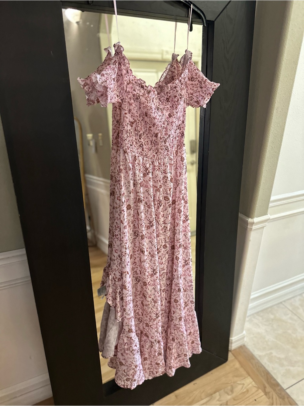 Francesca's Collection Pink Floral Maxi Dress - Smocked Bodice, Ruffle Sleeves - Picture 4 of 4